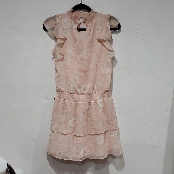 Express Dress in Baby Pink Floral with Mock Neck and Ruffles Size XS - Picture 5 of 13